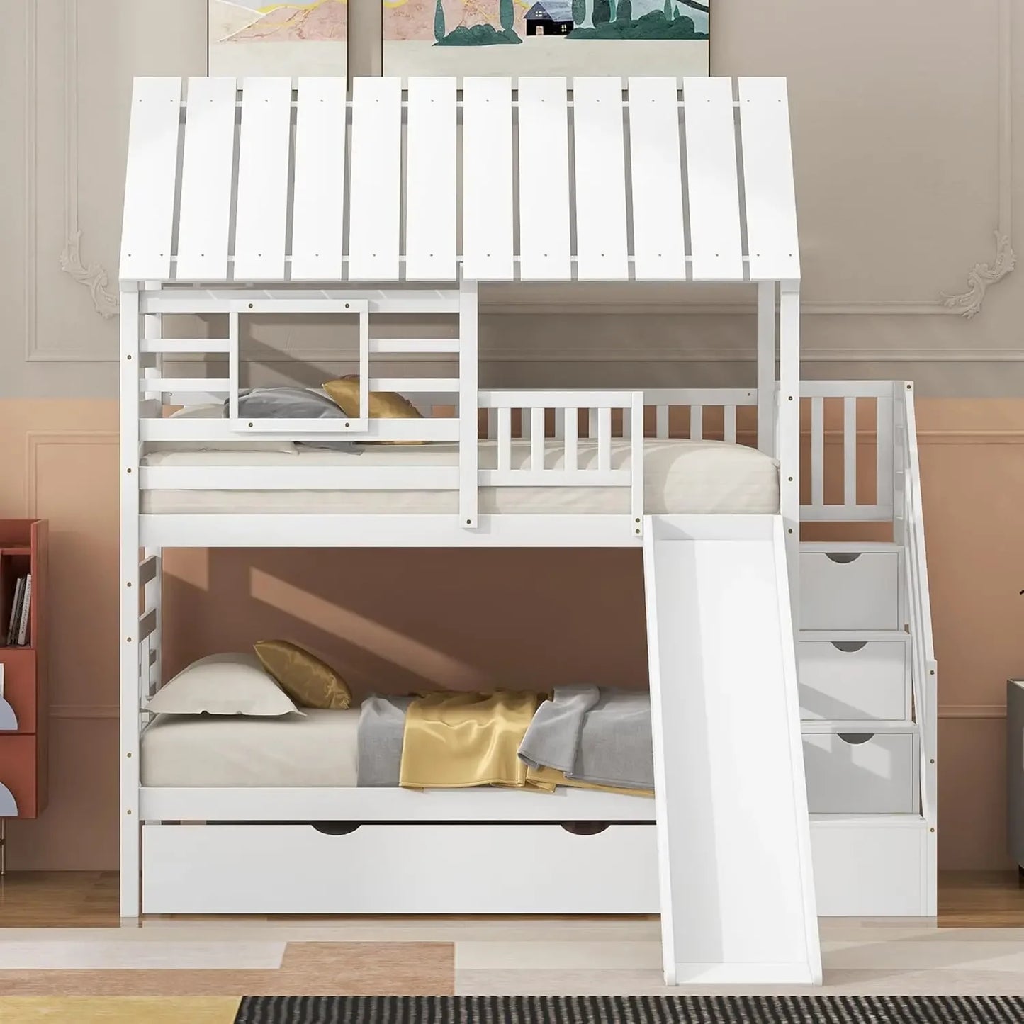 Playhouse Twin Bunk Bed with Slide