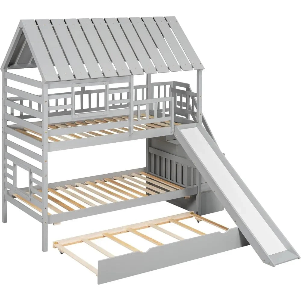 Playhouse Twin Bunk Bed with Slide
