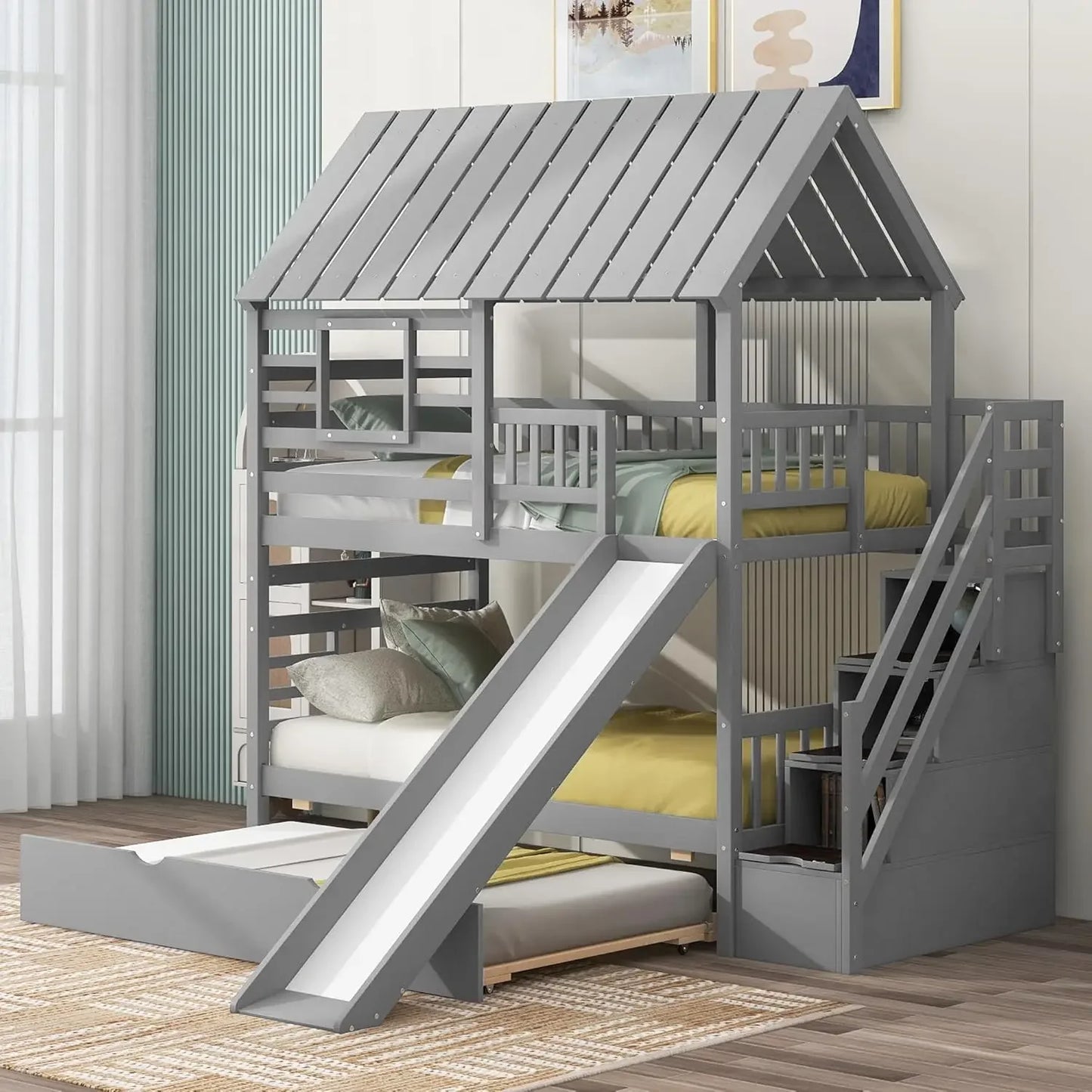 Playhouse Twin Bunk Bed with Slide
