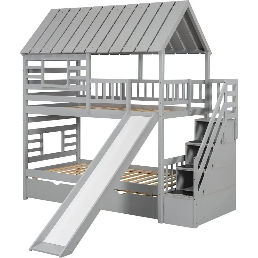 Playhouse Twin Bunk Bed with Slide