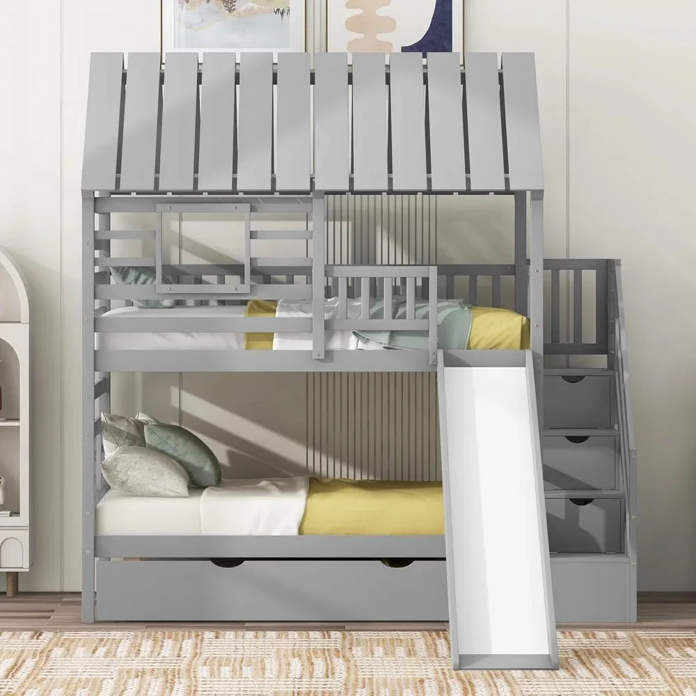 Playhouse Twin Bunk Bed with Slide
