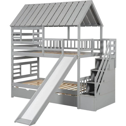 Playhouse Twin Bunk Bed with Slide